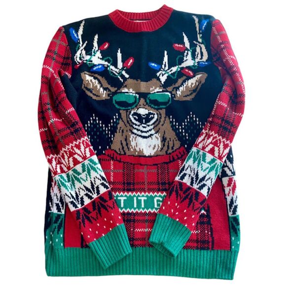 Ugly Christmas Sweater Reindeer Glasses Lights Plaid Men's Size Medium - Picture 2 of 14